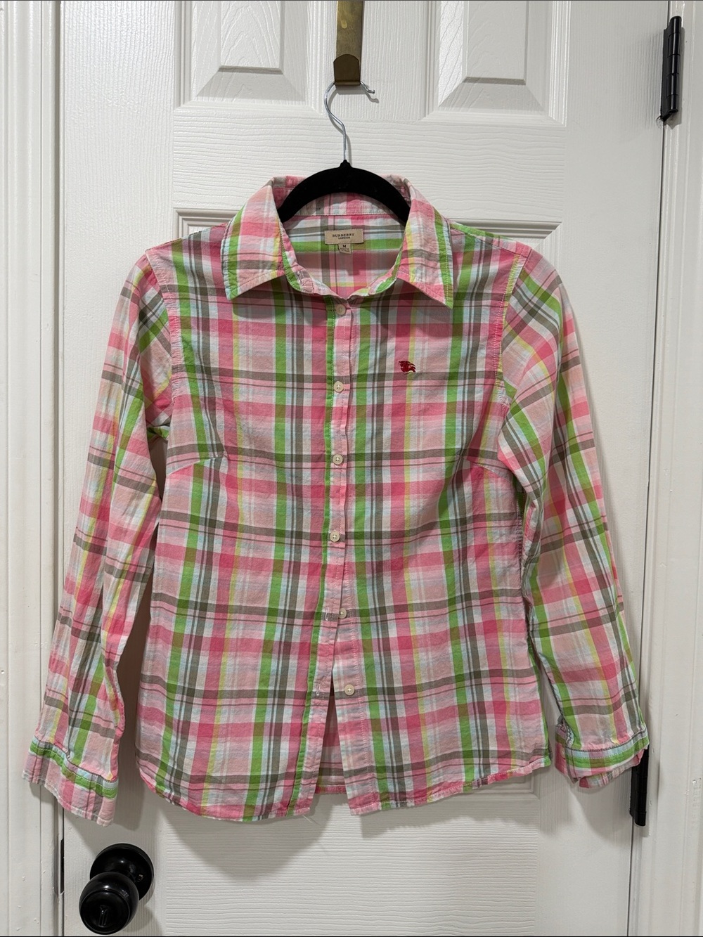 Burberry London woman’s Pink & Green Plaid Button-Up Shirt M